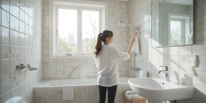 밝은 햇빛이 들어오는 흰색 타일 욕실을 청소하는 모습