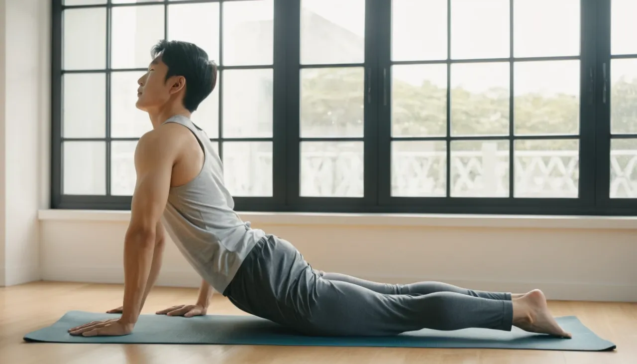 허리 스트레칭 루틴을 실천하는 남성의 실내 운동 모습