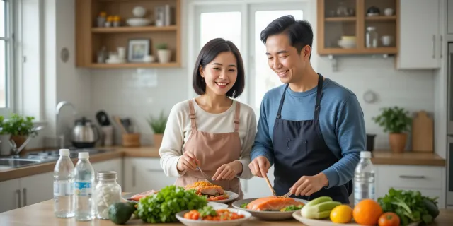 건강한 식사를 준비하는 중년 부부의 밝은 주방 모습