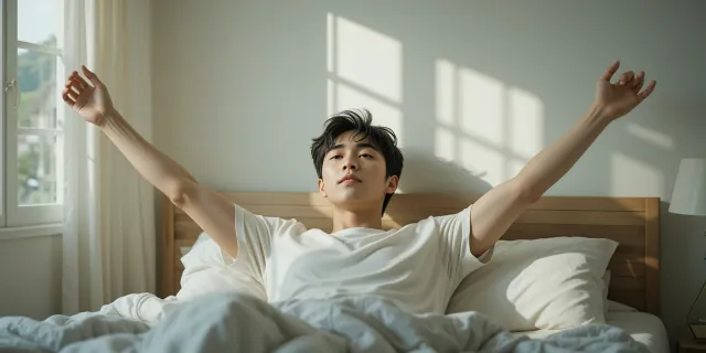 자연스럽게 아침에 일어나는 남성의 기상 루틴 모습