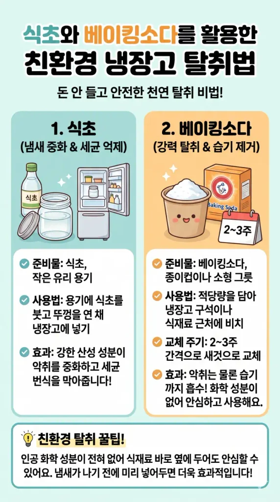 냉장고 냄새 없애는 방법 꼭 필요한 꿀팁 총정리 3 식초와 베이킹소다를 활용한 냉장고 탈취 과정을 보여주는 인포그래픽