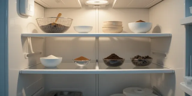 냉장고 내부에 탈취용 베이킹소다와 커피 찌꺼기, 숯이 놓여 있는 모습