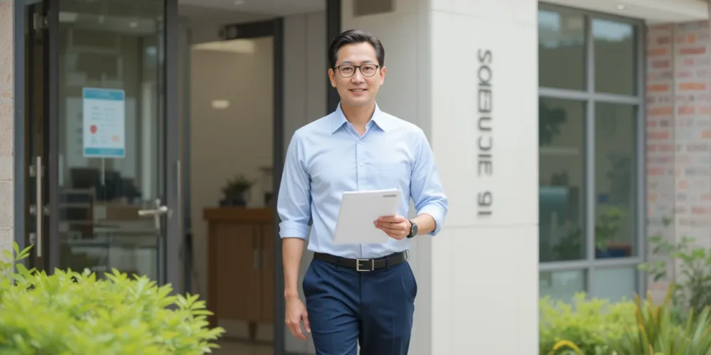 건강검진을 마치고 결과지를 들고 있는 남성