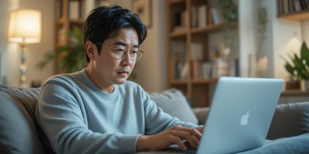 노트북으로 건강검진 항목을 검색하며 건강관리에 신경 쓰는 중년 남성의 모습