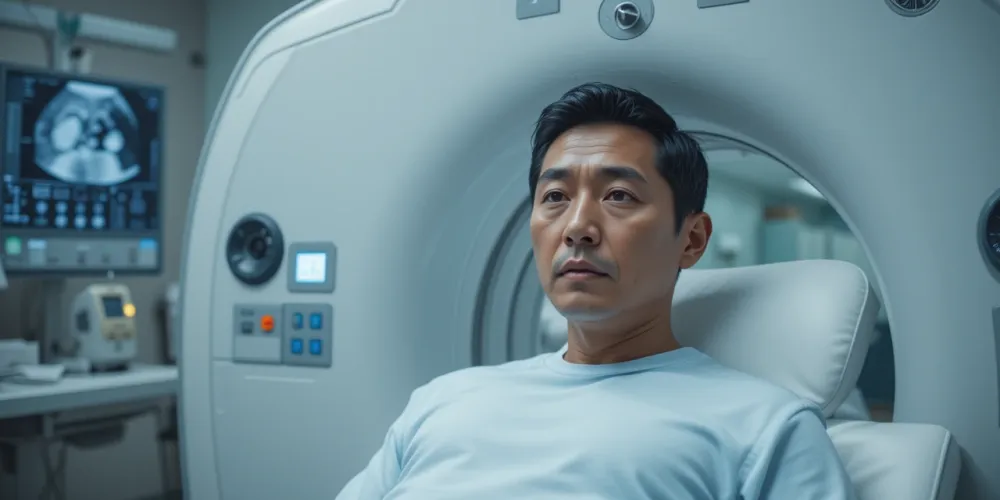 병원 장비를 이용해 초음파 검사를 받는 남성의 검진 모습