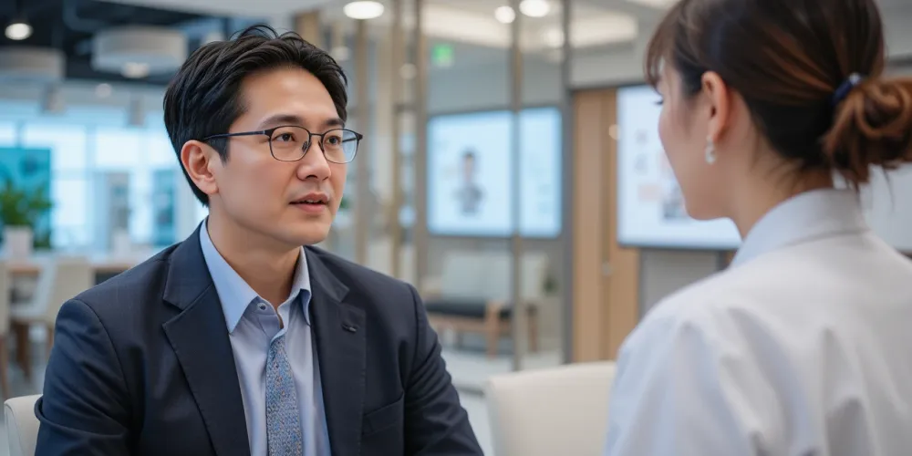 건강검진 항목에 대해 간호사와 대화 중인 남성 모습