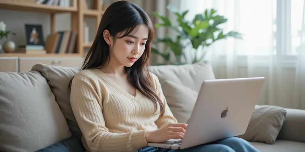 편안한 옷차림으로 가성비 노트북을 사용하는 모습