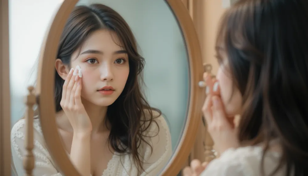 화장대 앞에서 기미, 잡티 부위를 체크하는 모습