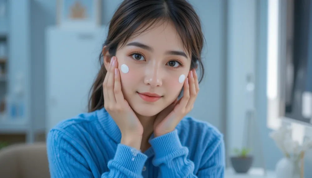 저녁 스킨케어 중 멜라논 크림을 사용하는 장면