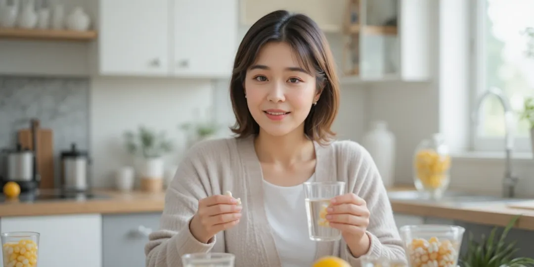 갱년기 영양제 챙기는 중년 여성