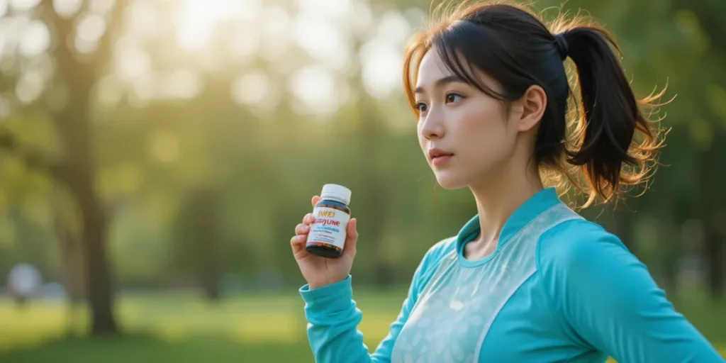 야외 운동 중 영양제를 들고 있는 여성의 활기찬 모습