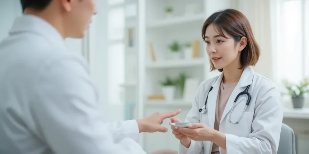 진료실에서 의사가 갱년기 영양제 효과와 섭취법을 설명하는 장면