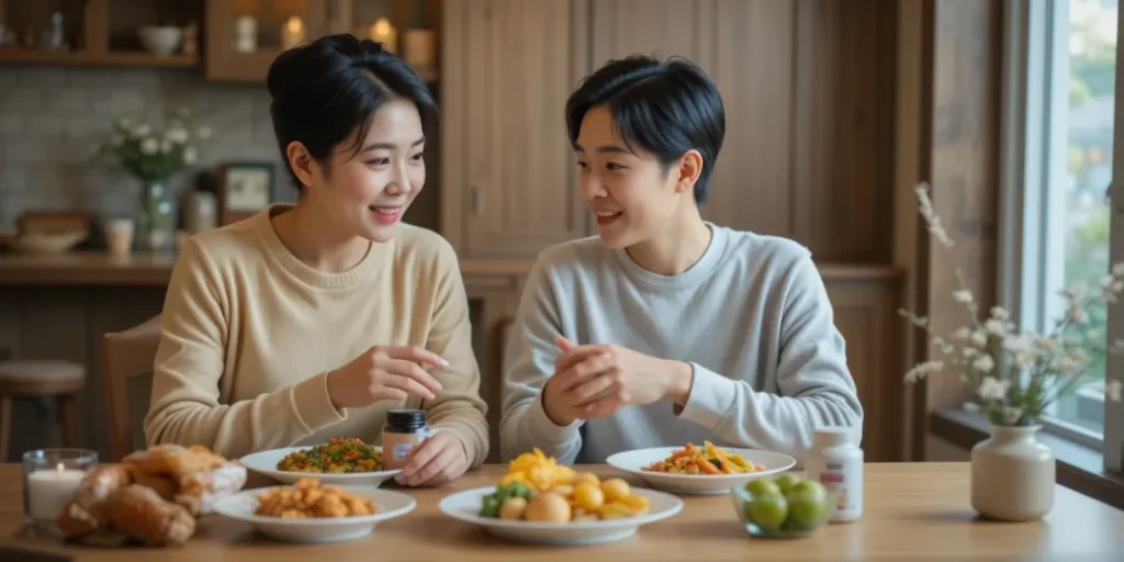 식탁에서 샐러드와 함께 영양제를 챙기는 부부의 모습