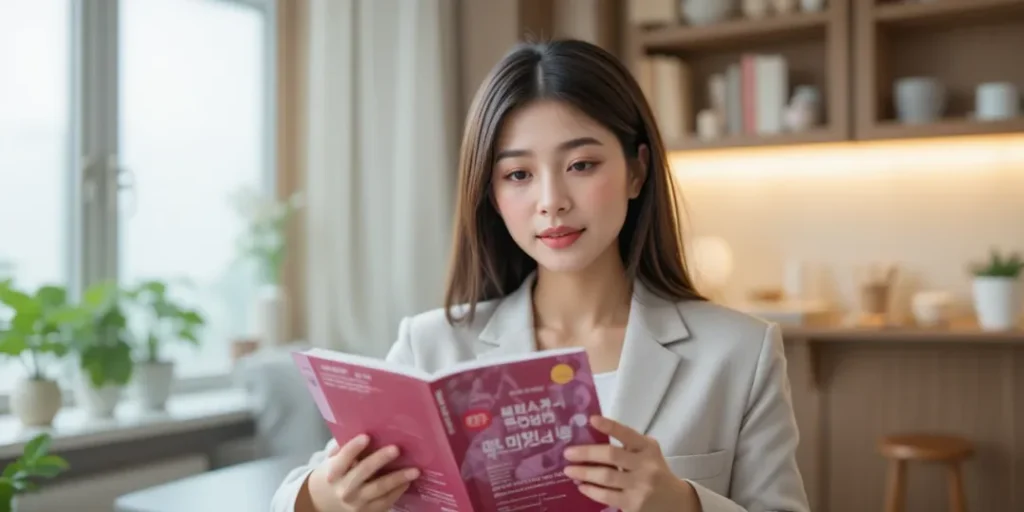 직장에서 영양제 라벨과 가이드를 확인하는 여성의 모습