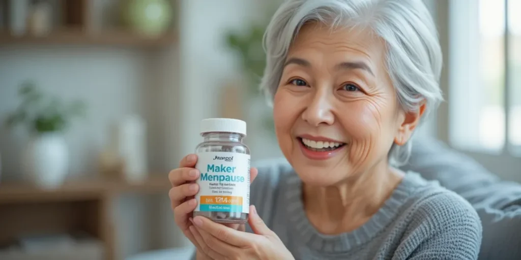 집에서 갱년기 영양제 병을 들고 미소 짓는 여성의 장면