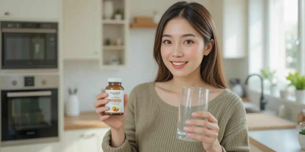 유산균 섭취 방법을 실천하며 물과 함께 유산균 캡슐을 드는 여성