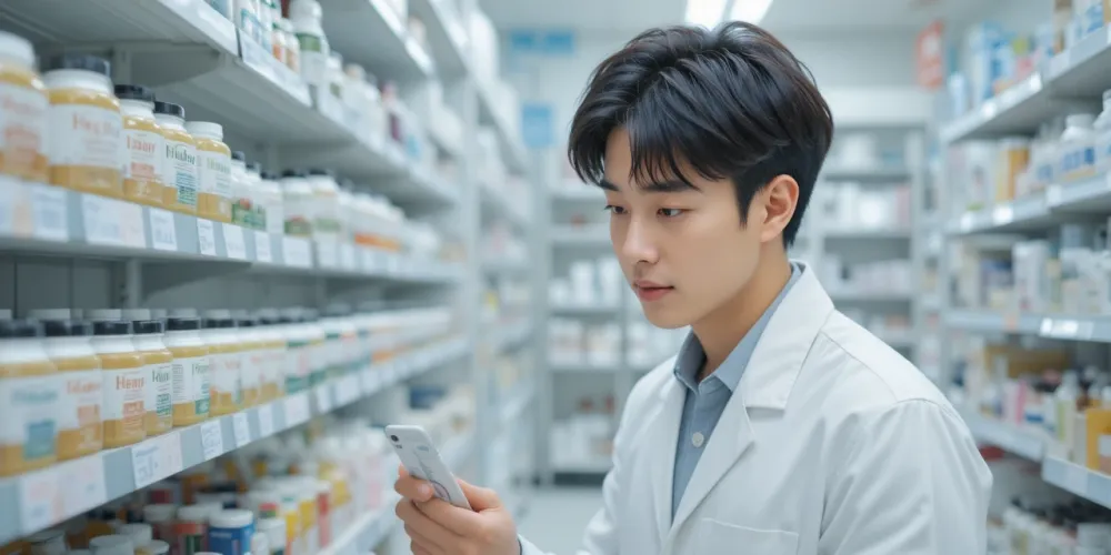 유산균 효과를 기대하며 유산균 제품 라벨을 꼼꼼히 확인하는 남성