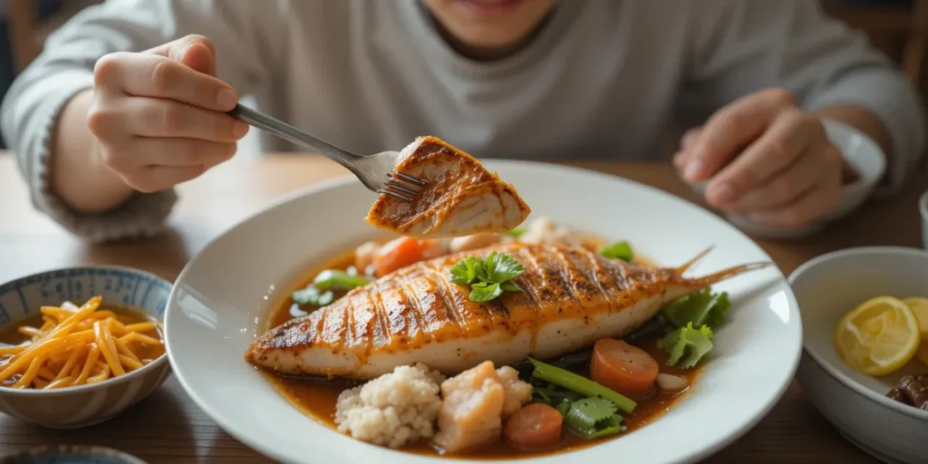 생선 요리를 즐기는 건강한 식사 모습