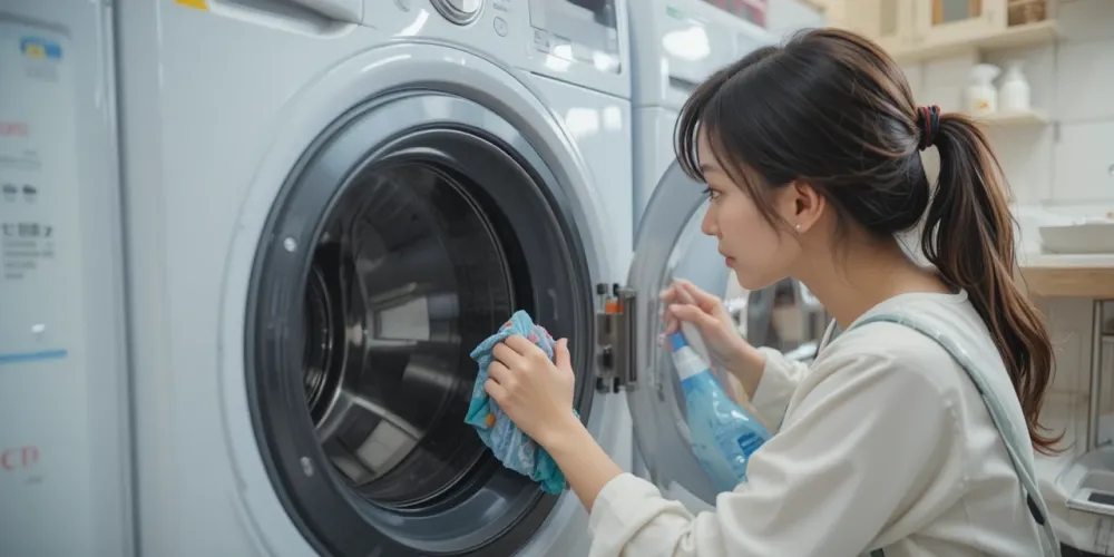 세탁기 청소 드럼 닦는 여성