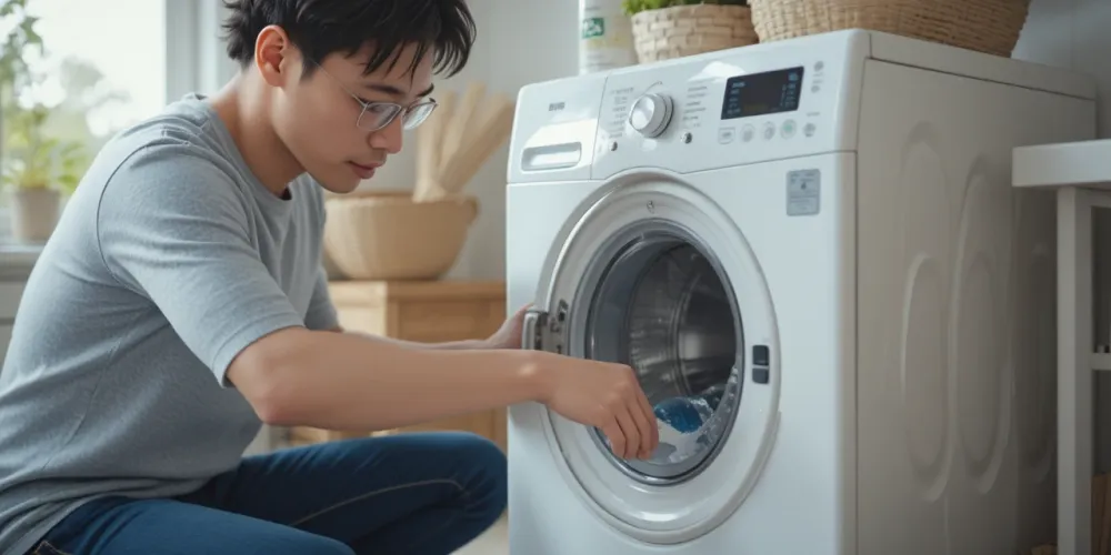 남성이 집에서 베이킹소다와 식초를 이용해 세탁기를 청소하는 장면