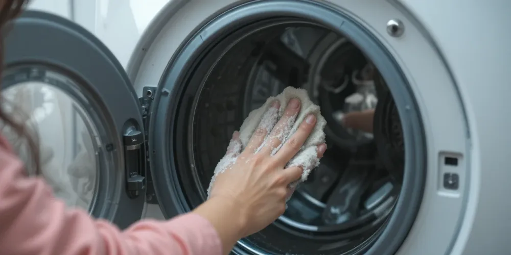 세탁기 문을 열고 내부 곰팡이와 오염을 확인하는 여성의 모습