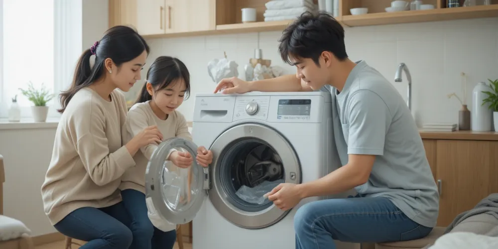 집에서 가족이 모여 세탁기를 청소하는 과정을 공유하는 장면