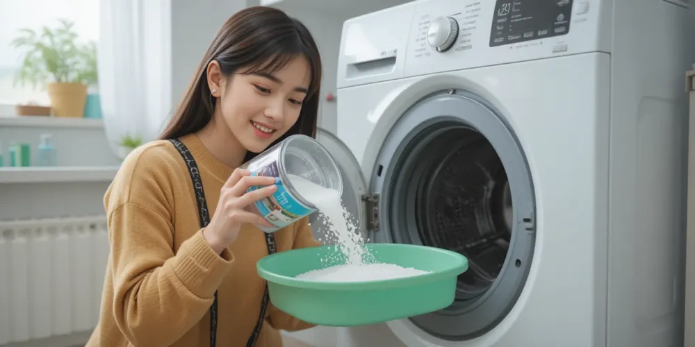 젊은 여성이 세탁기 세제통에 세탁조 클리너를 붓는 모습