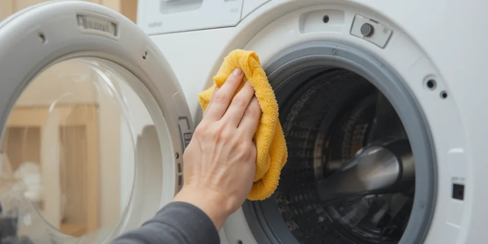 노인이 세탁기 고무 패킹을 꼼꼼히 닦으며 곰팡이를 제거하는 장면