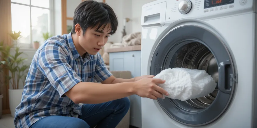 기술자가 집주인에게 세탁기 필터 청소 방법을 설명하는 장면