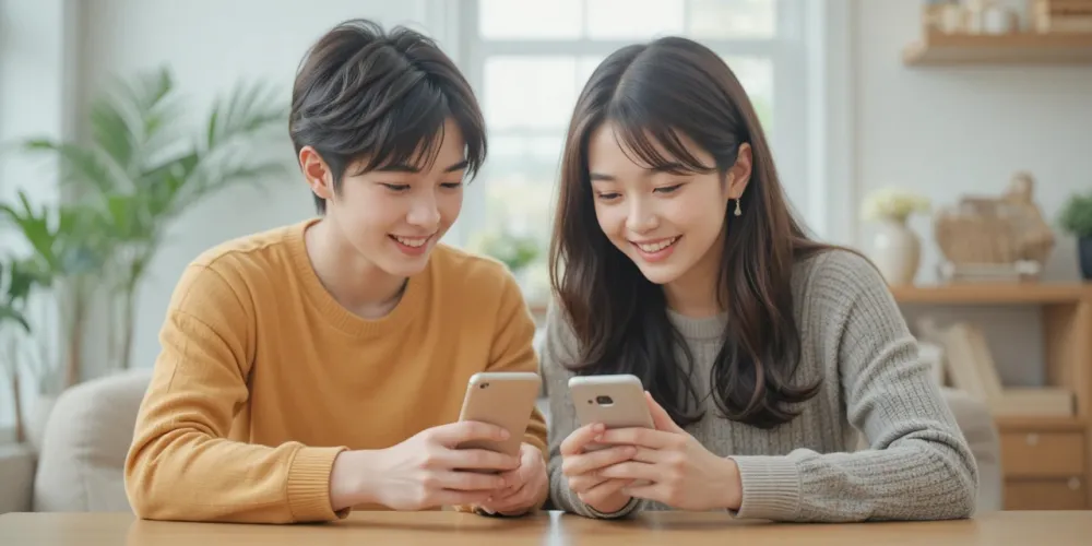 부부가 새 스마트폰으로 카카오톡 데이터를 옮기는 모습