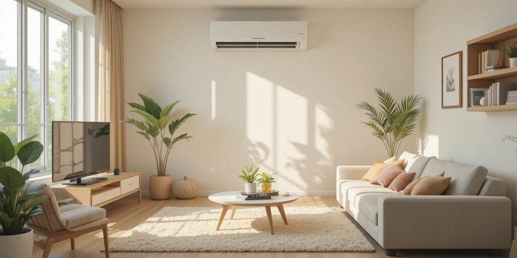 여름철 거실에서 에어컨을 효율적으로 사용하는 모습