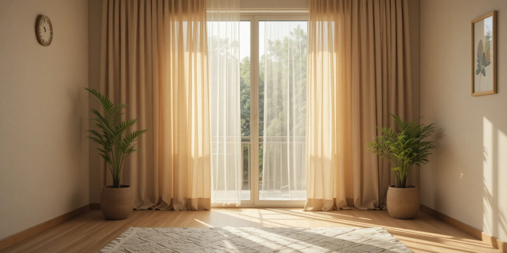 커튼을 활용해 햇빛을 조절하며 실내 온도를 낮추는 모습