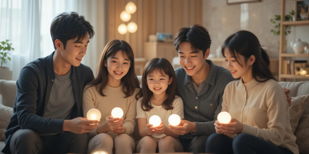 가족이 함께 불을 끄며 전기를 아끼는 모습
