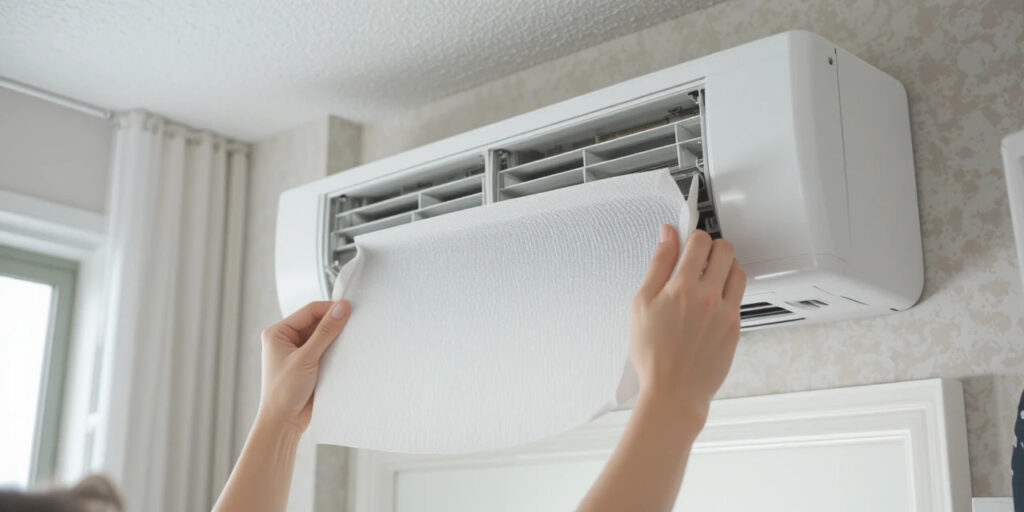 에어컨 필터를 청소하며 여름을 준비하는 모습