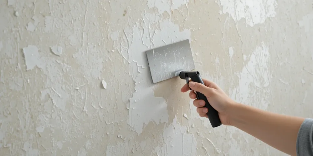 벽지 리폼을 위해 기존 벽지를 물과 도구로 제거하는 세심한 작업의 모습