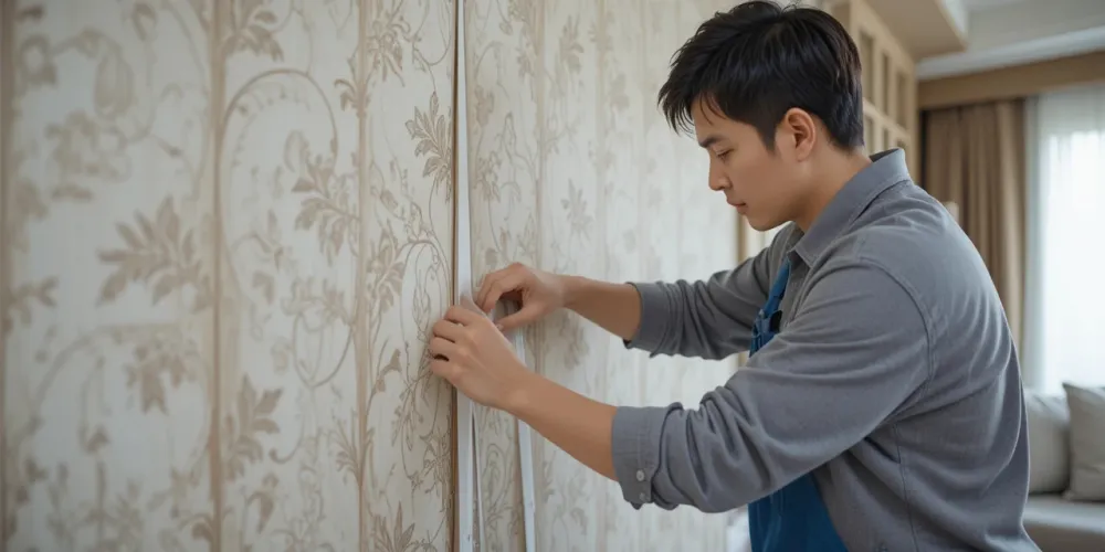 벽지 셀프 교체 방법을 따라 정확한 재단으로 시공을 준비하는 모습