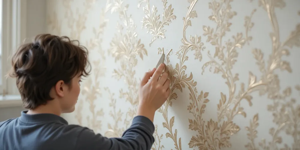 벽지 리폼 중 모서리와 이음매를 깔끔히 마무리하는 섬세한 작업의 모습