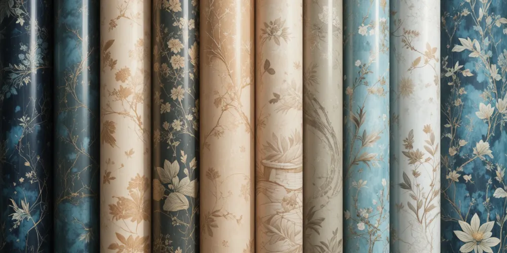 다양한 색상과 질감의 벽지가 정리된 인테리어 자재 모습