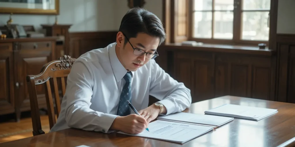 신청서를 작성하는 노년 사업가의 모습