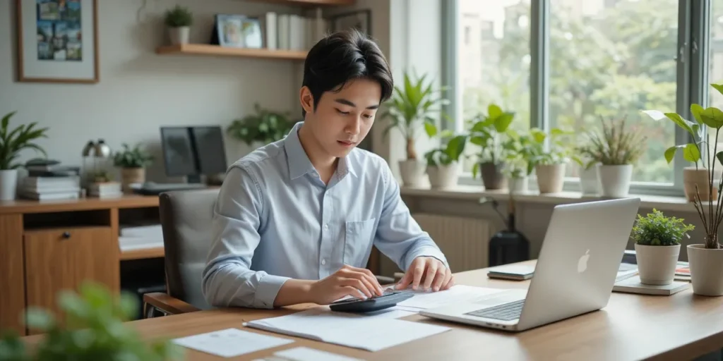 계산기를 사용하며 서류를 검토하는 모습