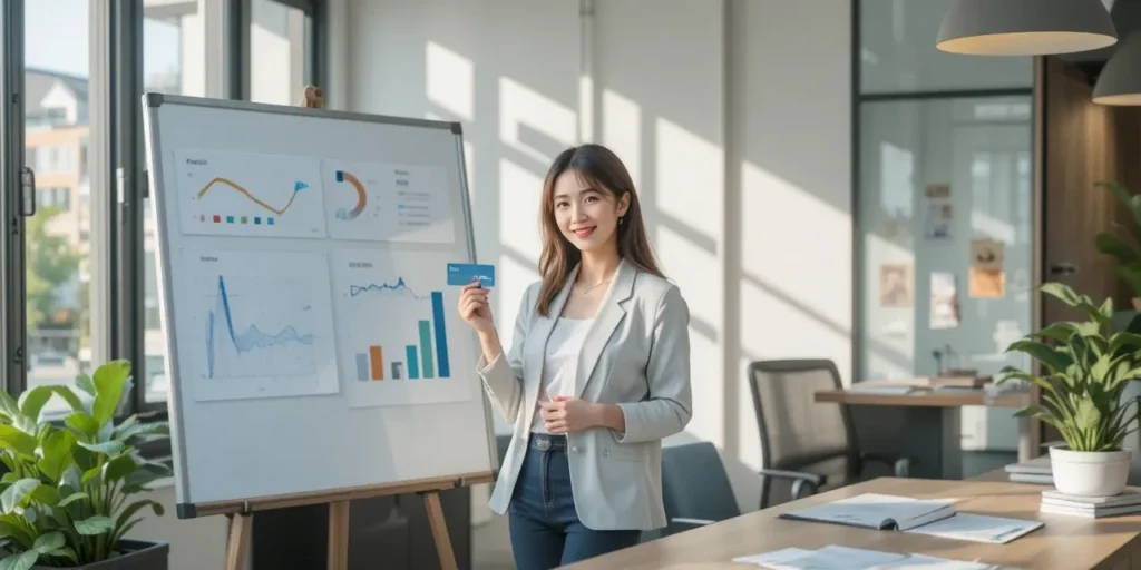 화이트보드 앞에서 크레딧 사용 계획을 세우는 모습