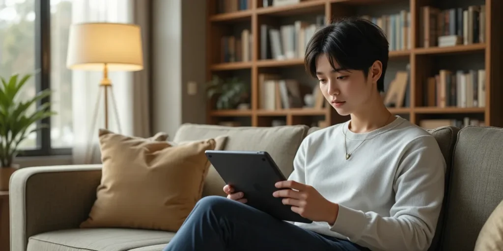 거실 소파에서 지원 정책 관련 문서를 읽는 모습