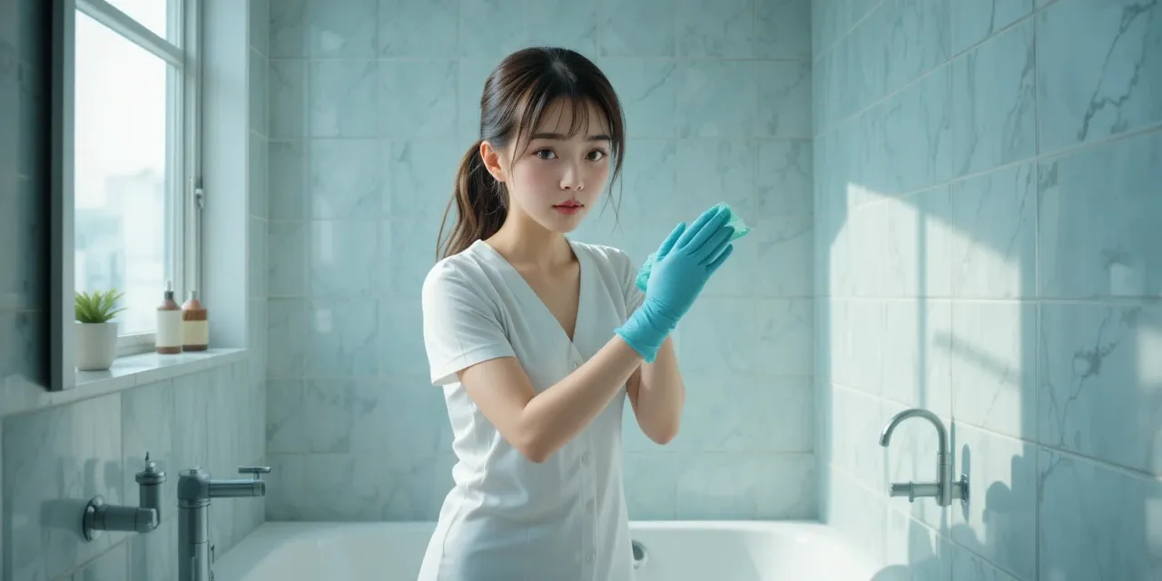 욕실 틈새 곰팡이를 자세히 확인하는 모습