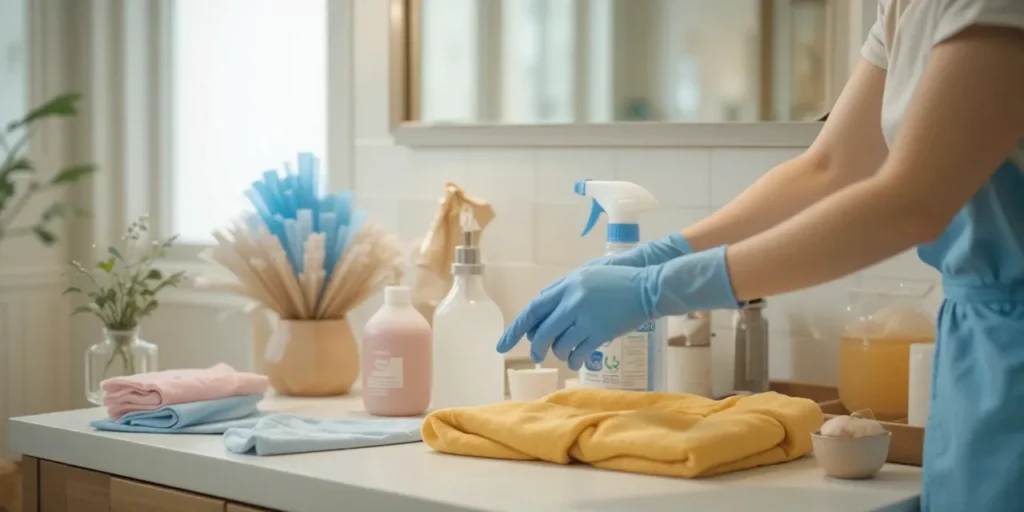 욕실 곰팡이 제거제를 나란히 보며 고르는 모습