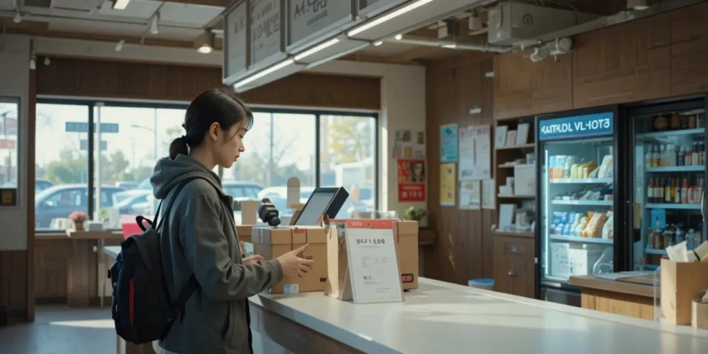 편의점에서 키오스크로 택배를 보내는 남성의 모습