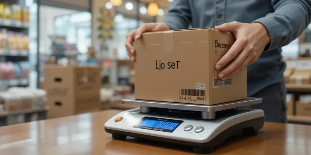 전자 저울 위에서 택배 무게를 확인하는 모습