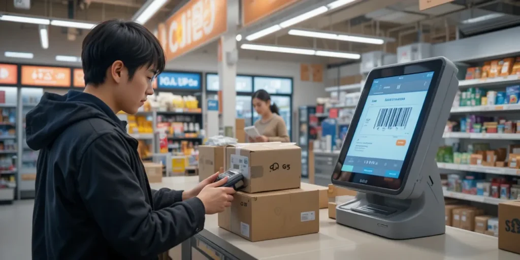 GS25에서 택배 바코드를 스캔하는 남자의 모습