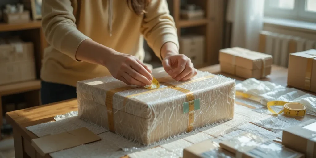 가벼운 택배를 포장하며 무게를 느껴보는 모습