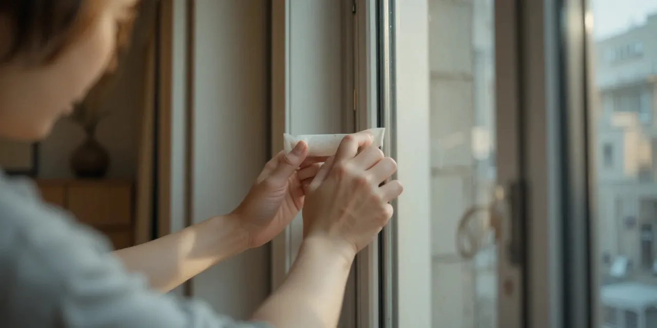 창문 프레임에 틈막이 테이프를 부착하는 모습