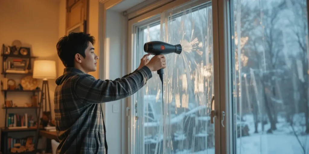 창문에 단열 필름을 설치하고 드라이기로 고정하는 모습